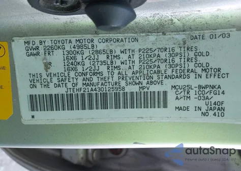 2003 Toyota Highlander V6 z USA, uszkodzony, nr VIN JTEHF21A430125958